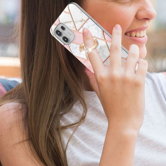 Etui Slim Case Ring do Motorola Edge 20 Lite, Marble Pattern, Pink/White