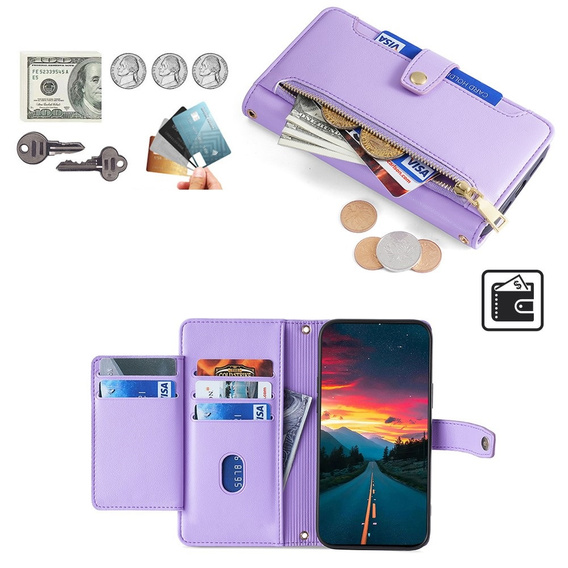 Etui z klapką do Infinix Note 40 Pro, Wallet Zipper Pocket, fioletowe