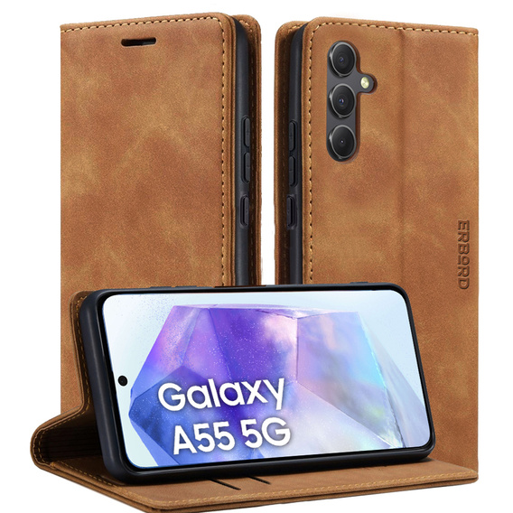 Etui do Samsung Galaxy A55, ERBORD Vintage portfel z klapką, brązowe + Szkło na ekran