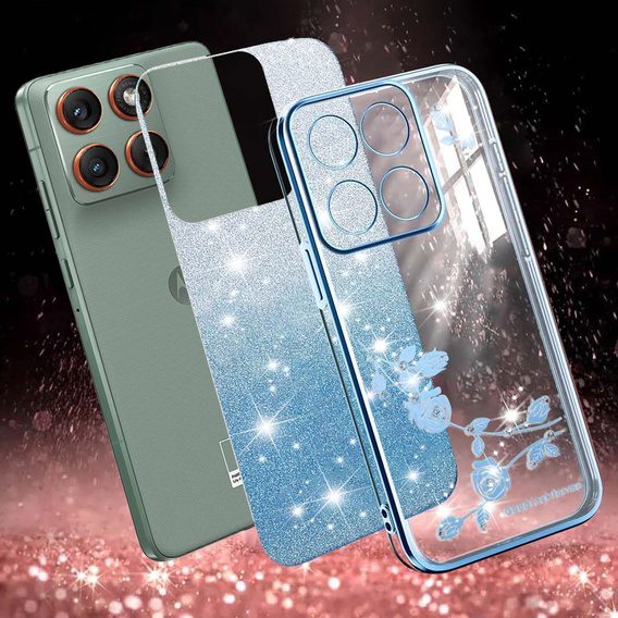 Etui do Motorola Edge 70, Glitter Flower, niebieskie