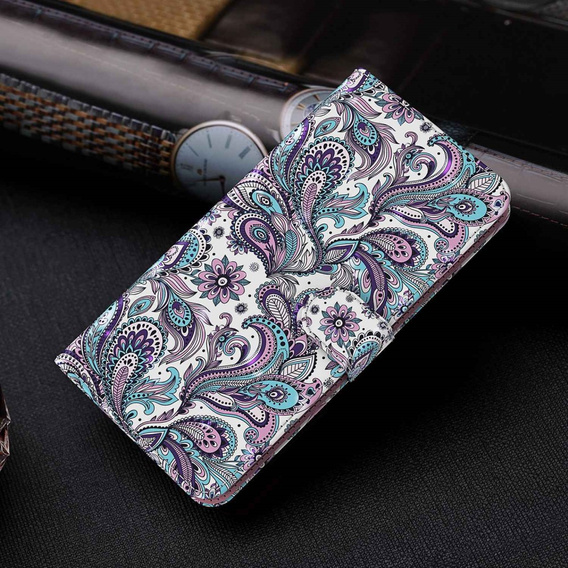 Zestaw Etui z klapką do Oppo A17, Fioletowe wzory + Szkło 9H