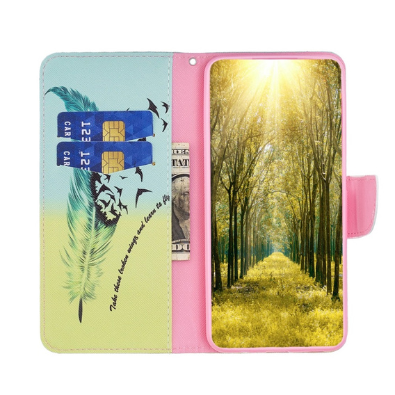 Etui z klapką do Samsung Galaxy M34, Wallet, Feather niebieskie / żółte