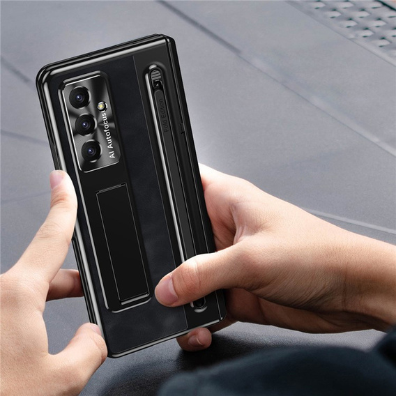 Etui skórzane do Samsung Galaxy Z Fold7 5G, z podstawką, szkłem i rysikiem, czarne
