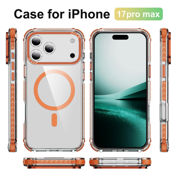 Etui pancerne do iPhone 17 Pro Max, do MagSafe, przezroczyste z pomarańczową ramką