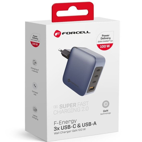 Forcell Ładowarka Sieciowa USB-A / 3x USB-C 3A GaN 100W PD QC 4.0, szara