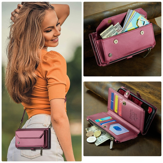 Etui CASEME do iPhone 16e RFID Leather Wallet, RFID Leather Wallet, z paskiem na ramię, czerwone