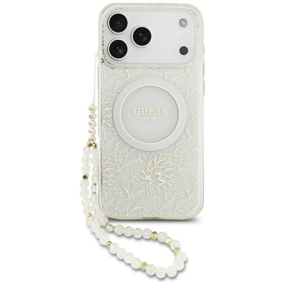 Etui GUESS do iPhone 17 Pro Max, IML Flowers Electroplated Allover With Beads Strap, do MagSafe, z paskiem, białe