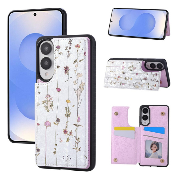 Etui do Samsung Galaxy S25 Edge – skórzane, z ochroną RFID, kieszonkami na karty, motyw suszonych kwiatów