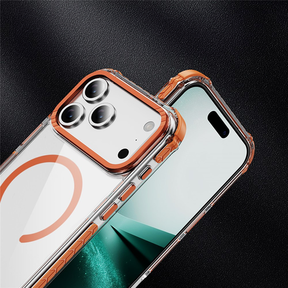 Etui pancerne do iPhone 17 Pro, do MagSafe, przezroczyste z pomarańczową ramką