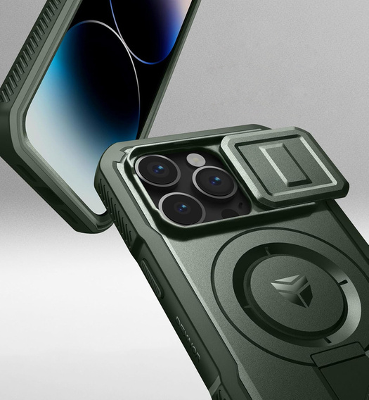 Etui Dexnor do iPhone 14 Pro – magnetyczne, z przesuwaną osłoną aparatu - zielone