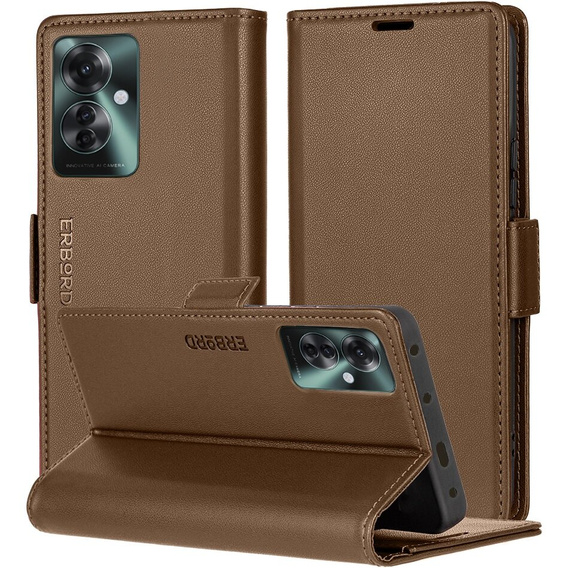 Etui do Oppo Reno 11F, ERBORD Glossy Litchi, portfel z klapką, brązowe