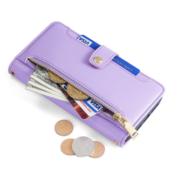 Etui z klapką do Honor Magic5 Lite, Wallet Zipper Pocket, fioletowe