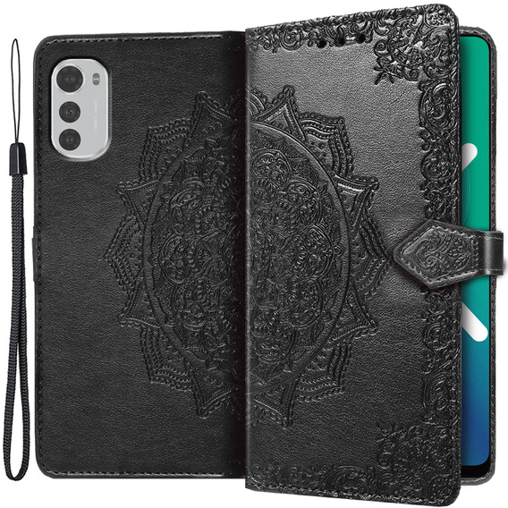Etui z klapką do Motorola Moto E32 4G, Mandala, czarne