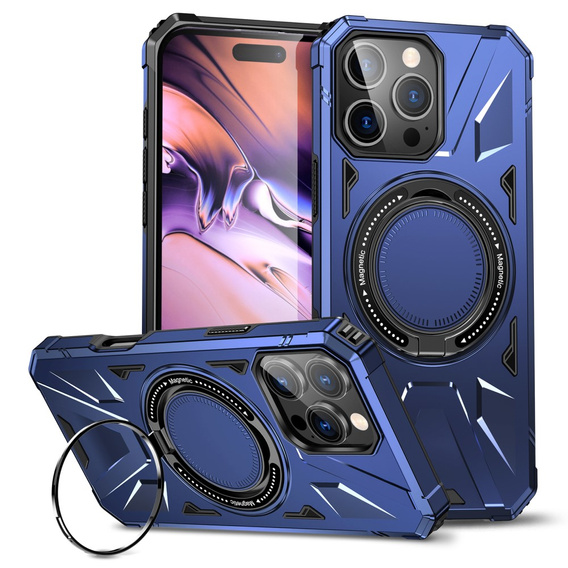 Etui do iPhone 16 Pro, pancerne z podstawką i blaszką do uchwytu, niebieskie