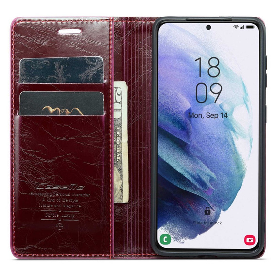 Etui z klapką CASEME do Samsung Galaxy S21, Waxy Textured, czerwone