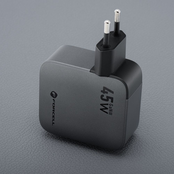 Ładowarka sieciowa do telefonu Forcell F-Energy GaN USB C + zwijany kabel USB C PD QC4.0 3A 45W VT-R5 - szara