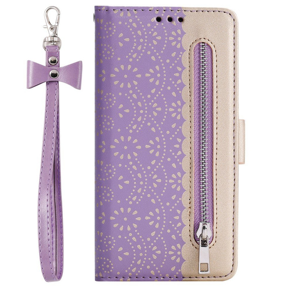 Etui z klapką do Huawei P30 Lite, Wallet Pocket Zipper Lace, fioletowe