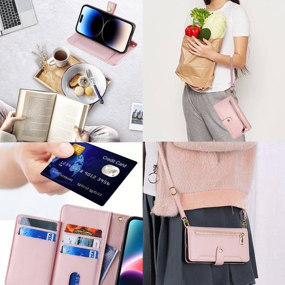 Etui z klapką do iPhone 14 Pro Max, Wallet Zipper Pocket, różowe
