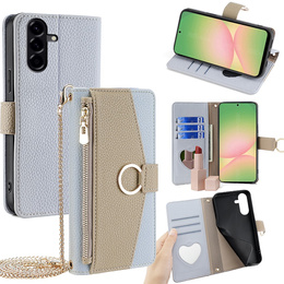 Etui z klapką do Samsung Galaxy A56 5G, Wallet Zipper Pocket, z lusterkiem, niebieskie
