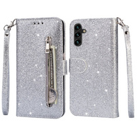 Etui z klapką do Samsung Galaxy A35 5G, Wallet Zipper Pocket Glittery, srebrne