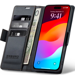 Etui do iPhone 17 Pro Max, ERBORD Glossy Litchi, portfel z klapką, czarne