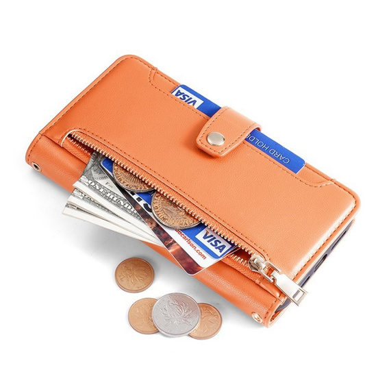 Etui z klapką do iPhone 17, Wallet Zipper Pocket, pomarańczowe
