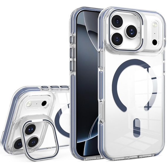 Etui do iPhone 17 Pro Max, do MagSafe, z podstawką, przezroczyste z granatowymi akcentami