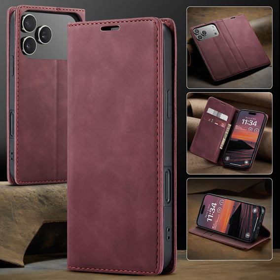 Etui do iPhone 17 Pro Max, ERBORD Vintage portfel z klapką, czerwone
