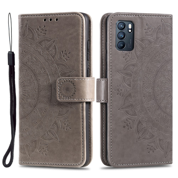 Etui z klapką do Oppo Reno6 5G, Mandala, szare