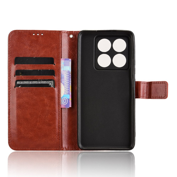 Etui z klapką do Xiaomi 14T Pro, Crazy Horse Wallet, brązowe