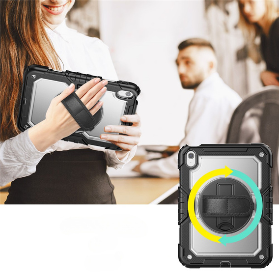 Etui ochronne do iPad 11" 2025 A16 (11 gen.) / 10.9" 2022 (10 gen.) z folią PET, paskiem na ramię i obrotową podstawką - czarne