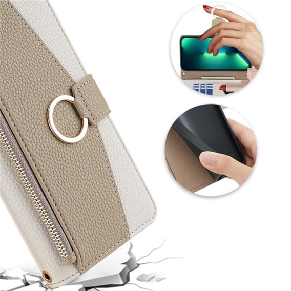 Etui z klapką do iPhone 14 Pro, Wallet Zipper Pocket, z lusterkiem, białe