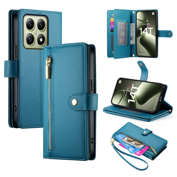 Etui z klapką do Xiaomi 14T, Wallet Zipper Pocket, niebieskie