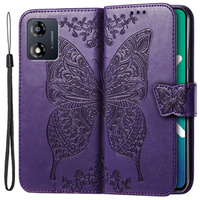 Zestaw Etui do Motorola Moto E13, z klapką portfel, Motyl, Fioletowe + Szkło