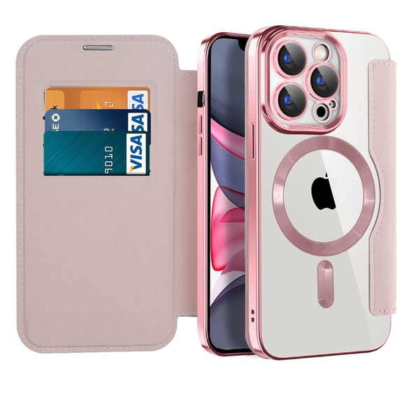 Etui z klapką do iPhone 15 Pro, RFID Wallet MagSafe z ochroną aparatu, różowe