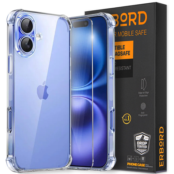 Etui do iPhone 16, Erbord Dropproof, przezroczyste + Szkło
