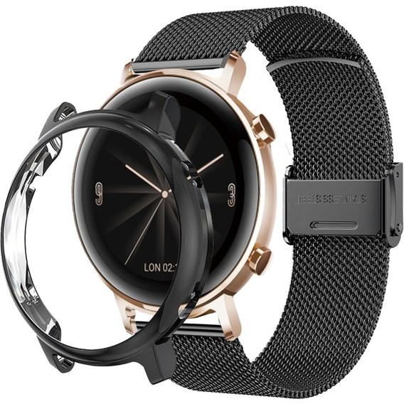 Bransoleta Milanese + Etui z osłoną na ekran do Huawei Watch GT 3 42mm, Czarny