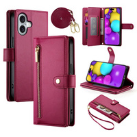 Etui z klapką do iPhone 16 Plus, Wallet Zipper Pocket, czerwone