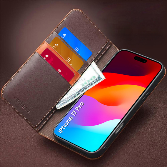Etui z klapką QIALINO do iPhone 17 Pro, skórzane, brązowe