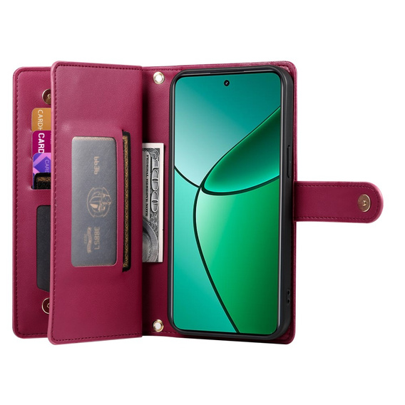 Etui z klapką do Oppo Reno 13F 5G, Wallet Zipper Pocket, czerwone