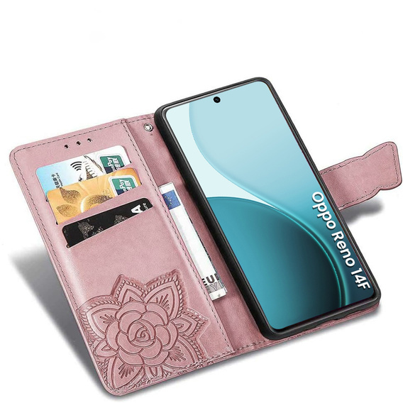 Etui z klapką do Oppo Reno 14 F / 14 FS, z wytłoczonym wzorem motyla, różowe rose gold