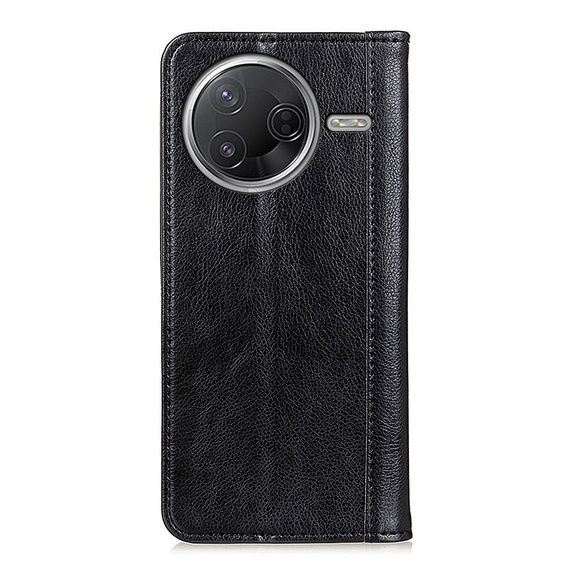 Etui z klapką do Xiaomi Poco F7 Pro / F7 Ultra – czarne, skórzane (split leather), z podstawką i kieszenią na kartę