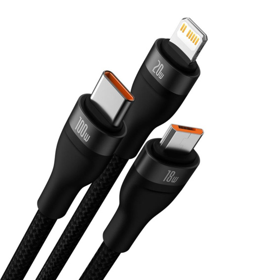 Baseus kabel 3w1 Flash II USB + USB-C do Lightning / USB-C / microUSB, 1,5 m, 3,5 A, 100 W - czarny 