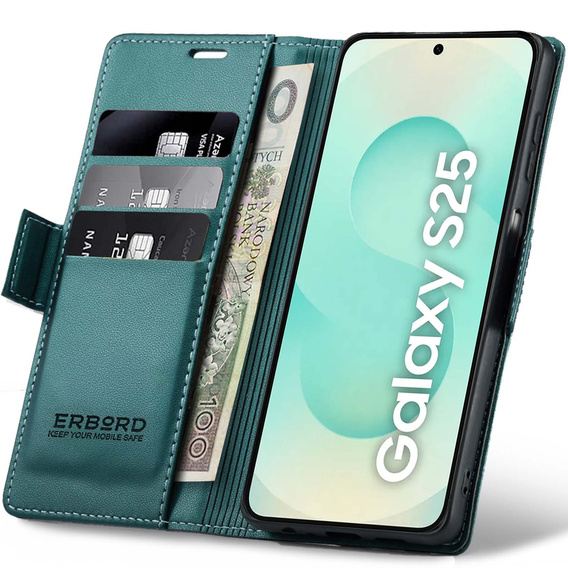 Etui do Samsung Galaxy S25, ERBORD Glossy Litchi, portfel z klapką, zielone