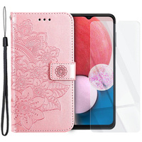 Zestaw Etui z klapką do Samsung Galaxy A13 4G, Mandala i kwiaty, Różowe rose gold + szkło