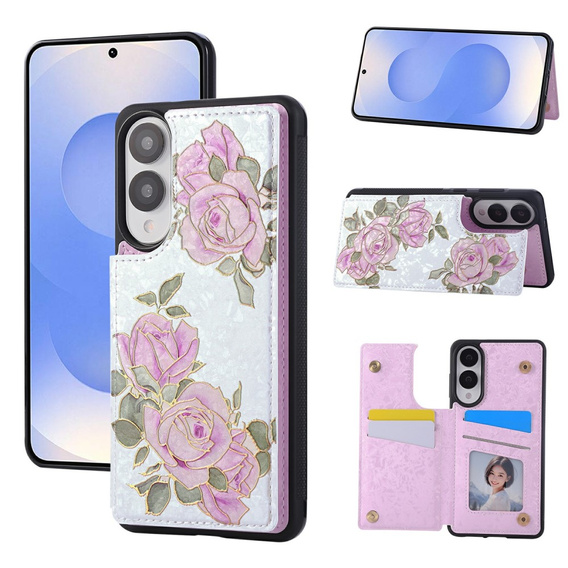Etui do Samsung Galaxy S25 Edge – skórzane, z ochroną RFID, kieszonkami na karty, motyw kwiatu róży