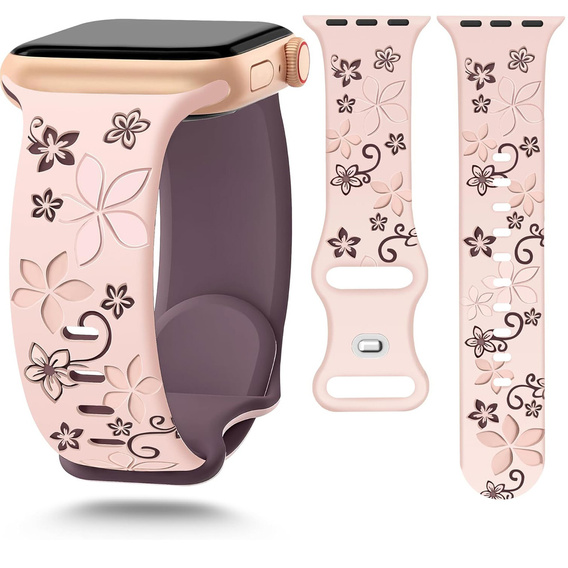 Pasek Silikonowy do Apple Watch 1/2/3/4/5/6/7/8/9/10/11/SE 38/40/41/42mm, Floral, Różowy / Fioletowy