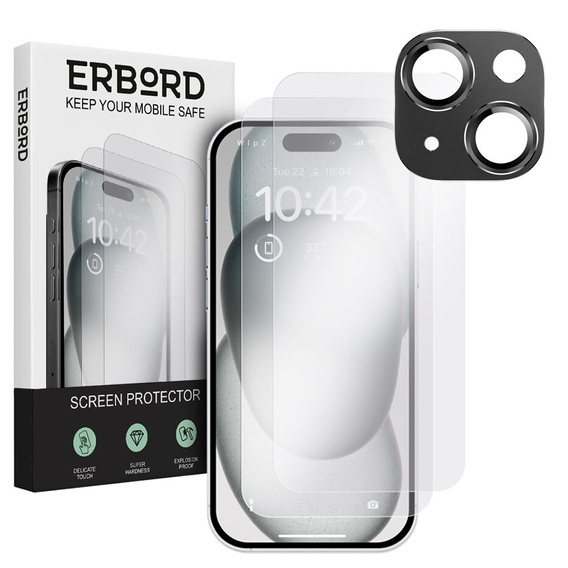 2x Szkło + szybka na aparat czarna do iPhone 15 Plus, ERBORD Hartowane 9H