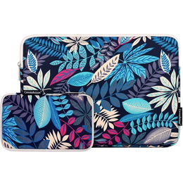 Ultralekkie etui na laptopa 13" z nadrukiem liści i dodatkową saszetką - niebieskie