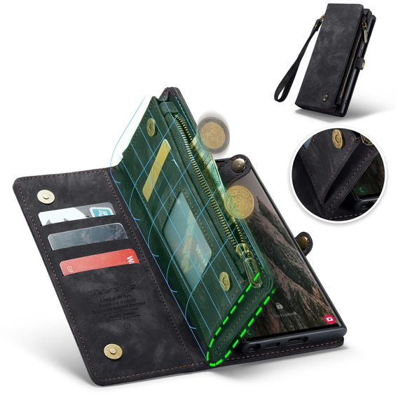 Etui CASEME do Samsung Galaxy S25 Ultra, Retro Leather Wallet, z paskiem, czarne